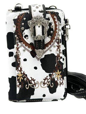 NWT Crown Buckle Black White Cow Print Floral Western Phone Crossbody Wallet